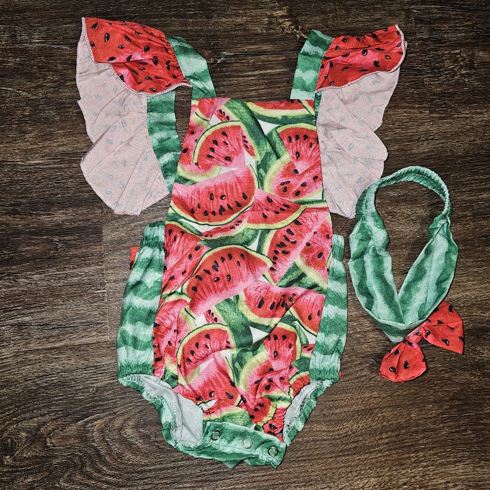 Baby Watermelon Strap Overalls Bathing Suit with Headband